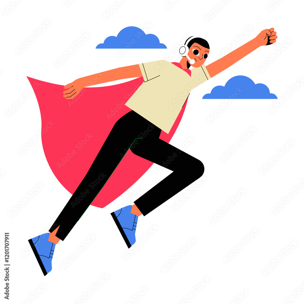 Fototapeta premium Superhero Customer Support Agent In Flat Vector Illustration Symbolizing Exceptional Assistance, Problem Solving, And Dedication, Isolated On White Background.