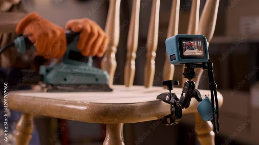 Female carpenter in workshop using electric sander to restore old wooden chair while recording video on action camera, showcasing woodworking skills and furniture restoration process.
