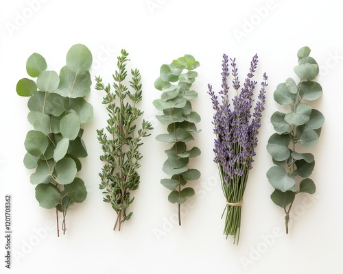 A collection of aromatic herbs and lavender arranged beautifully on a white background.
