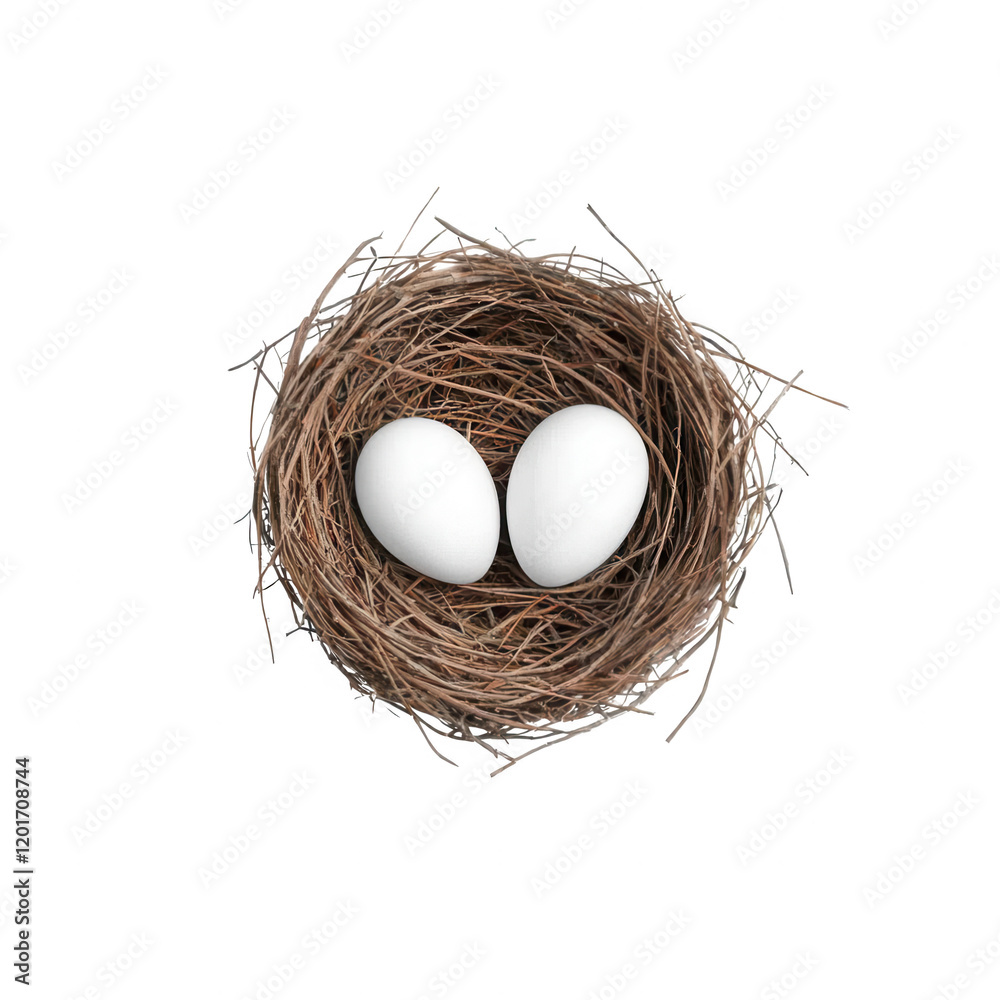 A close-up view of two white eggs resting in a delicate twigs nest., isolated on a transparent background.