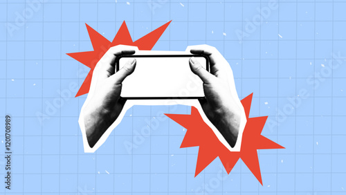hands holding smart phone horizontally on retro grunge background. banner halfton collage with cut out elements