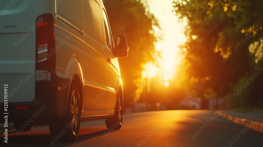 Obraz premium Driving into the sunset van on a quiet road outdoor scene warm light