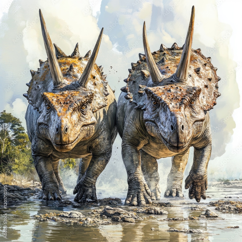 Fototapeta premium Two Dinosaurs Walking in a Prehistoric Landscape with Smoky Skies