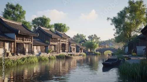 Serene canal-side village, sunlit morning, China, tourism