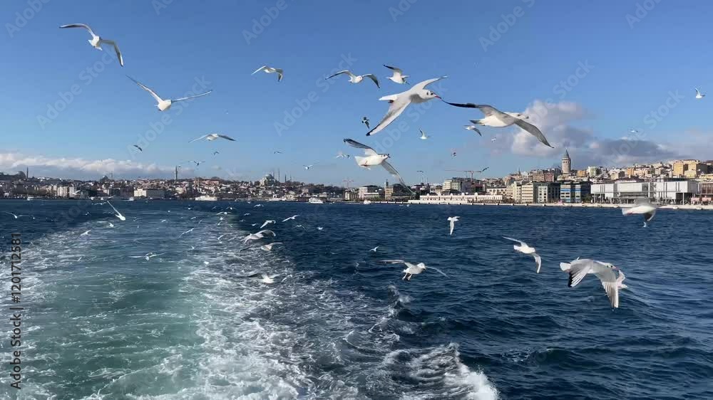 Seagulls fly in Istanbul along the Bosphorus Strait, a herd of birds soaring above the blue sea, urban scenery with historical architecture and Galata Tower. Seagulls fly in Istanbul along the Bosphorus Strait, a herd of birds soaring above the blue sea, urban scenery with historical architecture and Galata Tower.