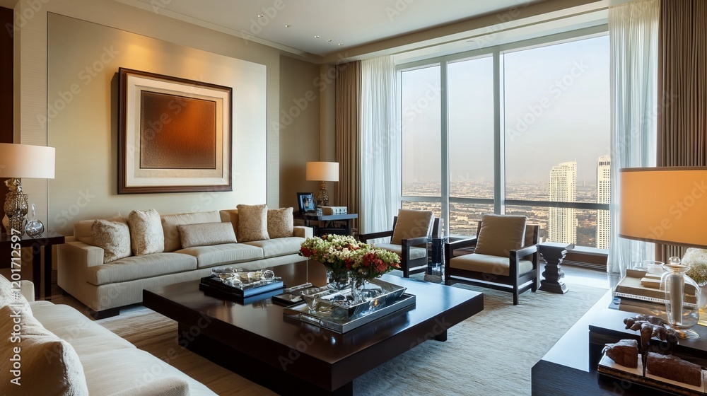 This living room boasts a modern design with a cozy ambiance, featuring stylish furniture and neutral hues. The large windows flood the space with natural light, while the plush couch This living room boasts a modern design with a cozy ambiance, featuring stylish furniture and neutral hues. The large windows flood the space with natural light, while the plush couch