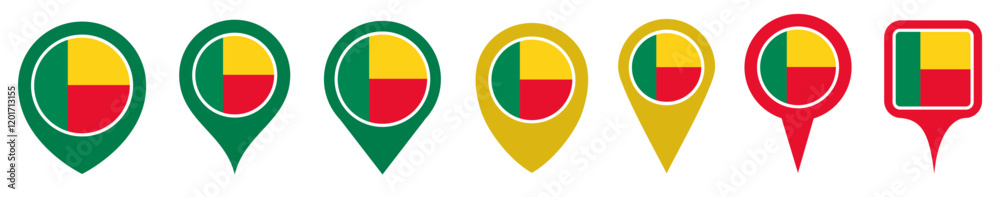 Obraz premium set vector Location pin benin flag icon. Country location symbol Map markers design template illustration