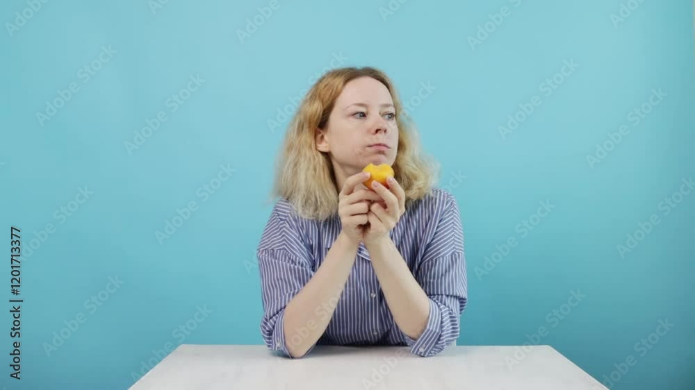 woman Eating Fresh nectarine on the blue background, healthy eating and balanced nutrition, embracing natural and seasonal food choices woman Eating Fresh nectarine on the blue background, healthy eating and balanced nutrition, embracing natural and seasonal food choices
