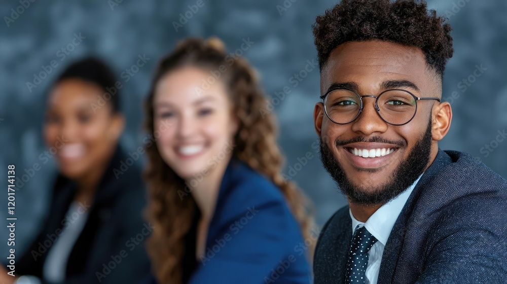 Diverse business team meeting, smiling, office background, collaboration Diverse business team meeting, smiling, office background, collaboration