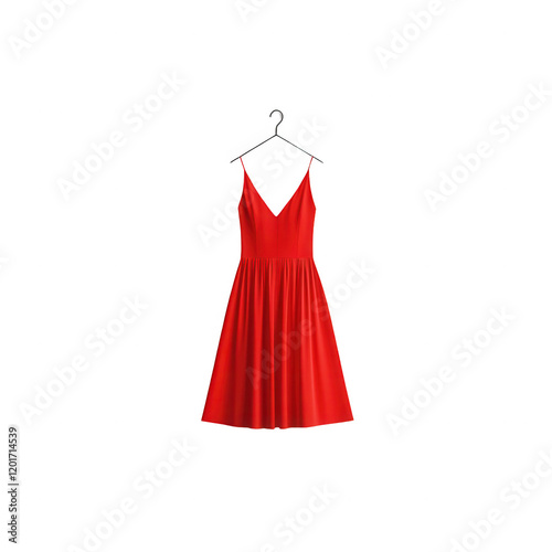 A vibrant red dress elegantly hanging on a hanger, showcasing modern fashion style., isolated on a transparent background.