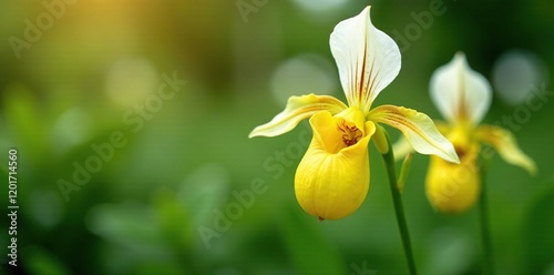 White and yellow Paphiopedilum orchids in a garden, garden, , greenery