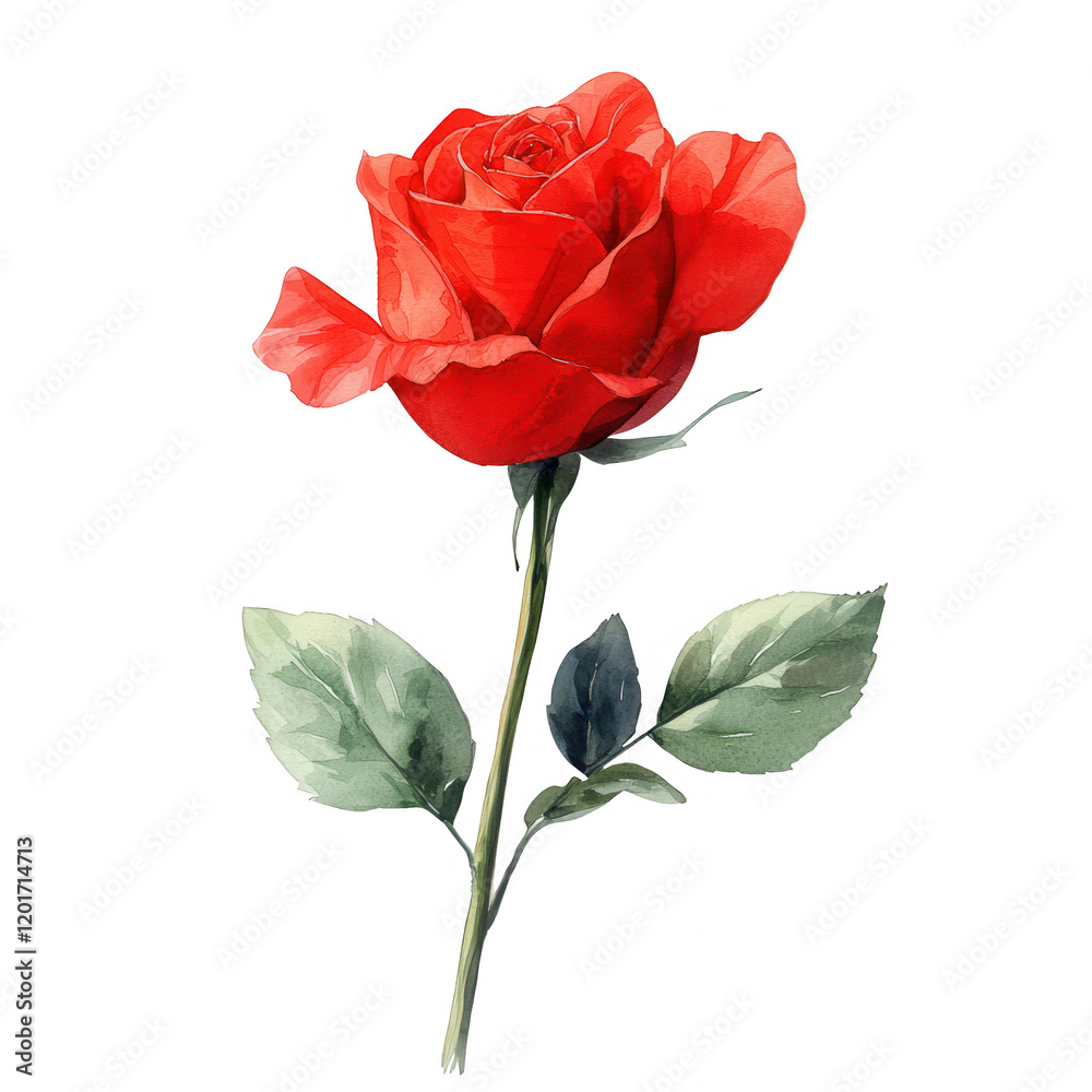 Obraz premium A vibrant red rose showcasing its delicate petals and lush green leaves., isolated on a transparent background.