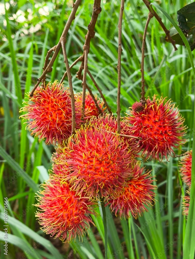 Rambutan Fruits on Tree Branch with Green Leaves in Natural Setting Rambutan Fruits on Tree Branch with Green Leaves in Natural Setting