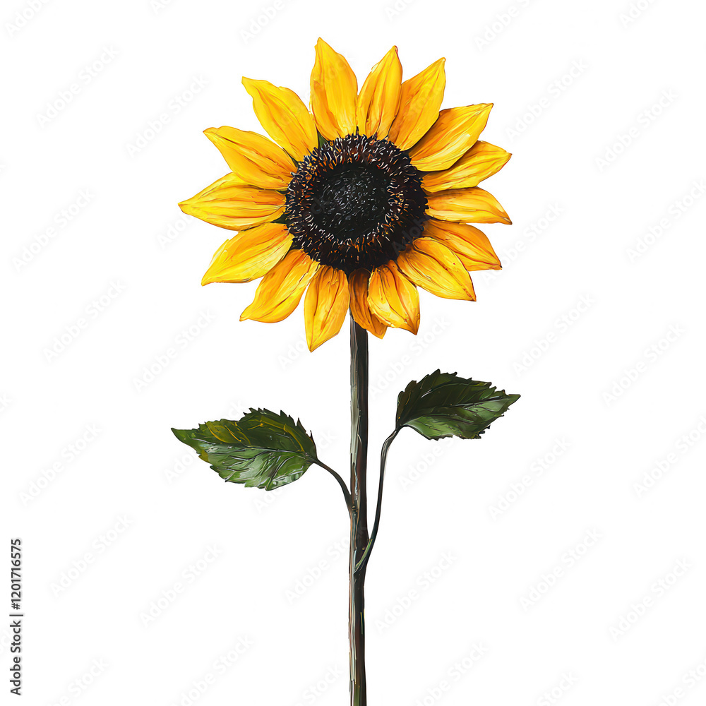 Obraz premium Bright sunflower blooming in sunlight with vibrant yellow petals and green leaves., isolated on a transparent background.