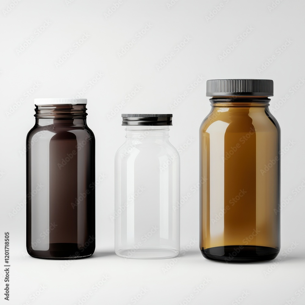 Three Bottles with Colorful Lids Displayed on a Clean Surface Emphasizing Simple Design and Versatile Use in Everyday Life and Storage Solutions Three Bottles with Colorful Lids Displayed on a Clean Surface Emphasizing Simple Design and Versatile Use in Everyday Life and Storage Solutions