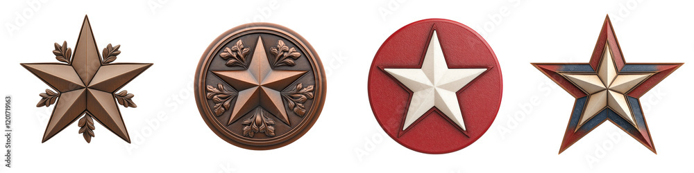 3D star badges in various designs and colors, showcasing intricate details and textures 3D star badges in various designs and colors, showcasing intricate details and textures