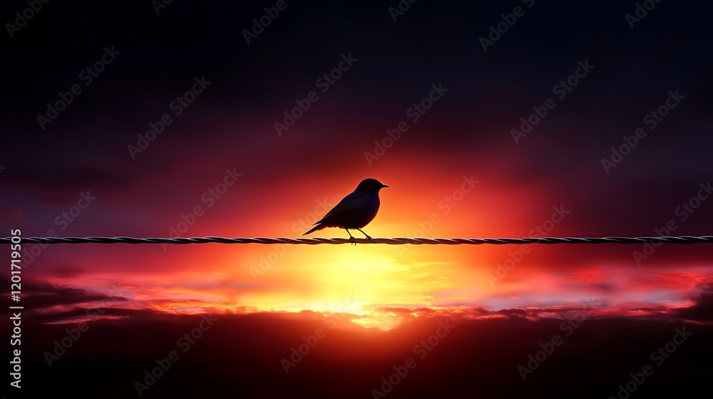 Silhouette bird sunset wire dramatic sky nature peace Silhouette bird sunset wire dramatic sky nature peace