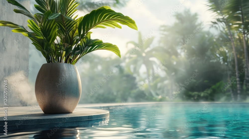 Obraz premium A tranquil scene featuring a bright blue tiled table beside a swimming pool.