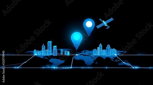 Locating a place on a map and a pin above a blue-toned cityscape and utilizing the internet of things, satellite navigation system, and network connection,City map featuring directional signs, 