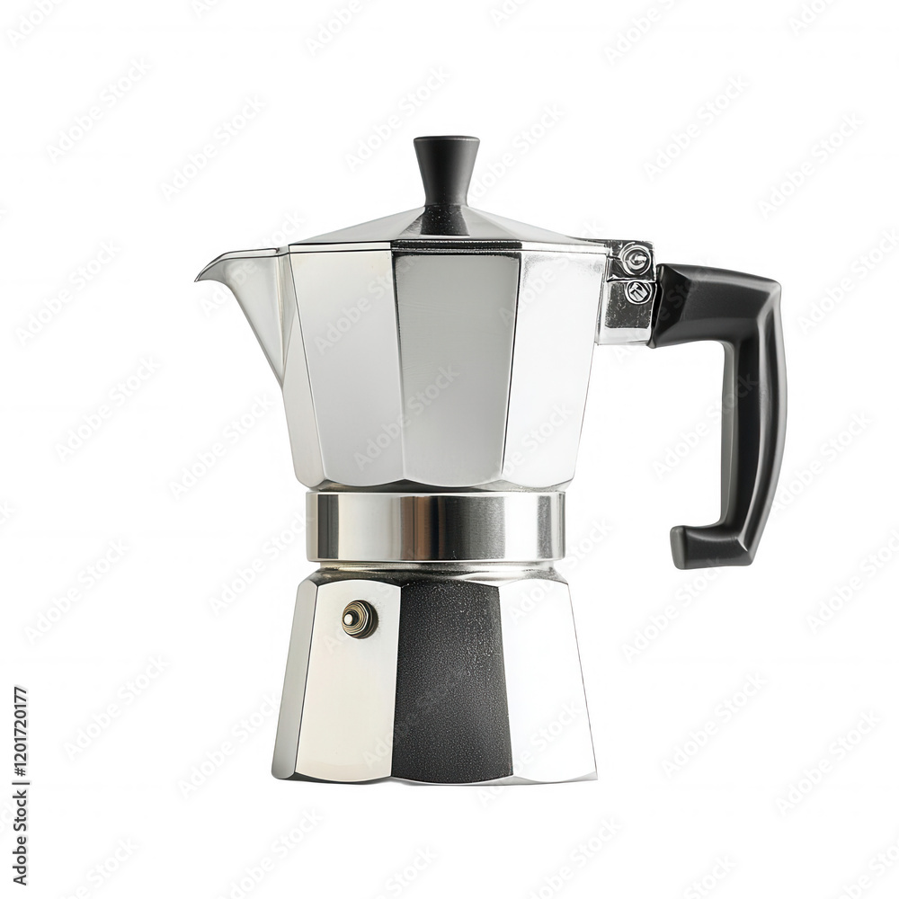 Elegant stainless steel coffee maker for brewing rich espresso at home., isolated on a transparent background. Elegant stainless steel coffee maker for brewing rich espresso at home., isolated on a transparent background.