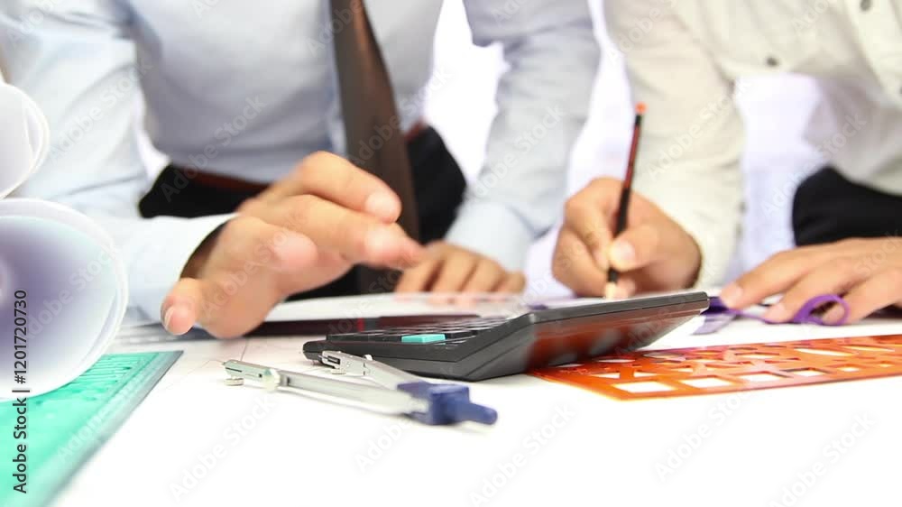 Architect working with calculator and writing data Architect working with calculator and writing data