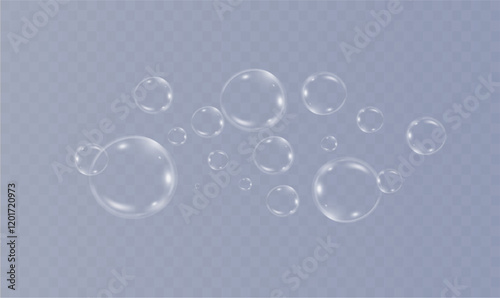 Realistic soap vector bubbles png isolated on transparent background. The effect of falling and flying bubbles. Glass bubble effect	
