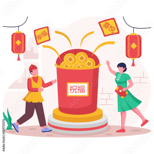 popping of firecrackers bringing Happiness, Joy and Blessings concept, Feng Shui Giant basket vector design, Chinese New Years Beginnings scene, Zodiac Snake 2025 banner, Spring Festival illustration