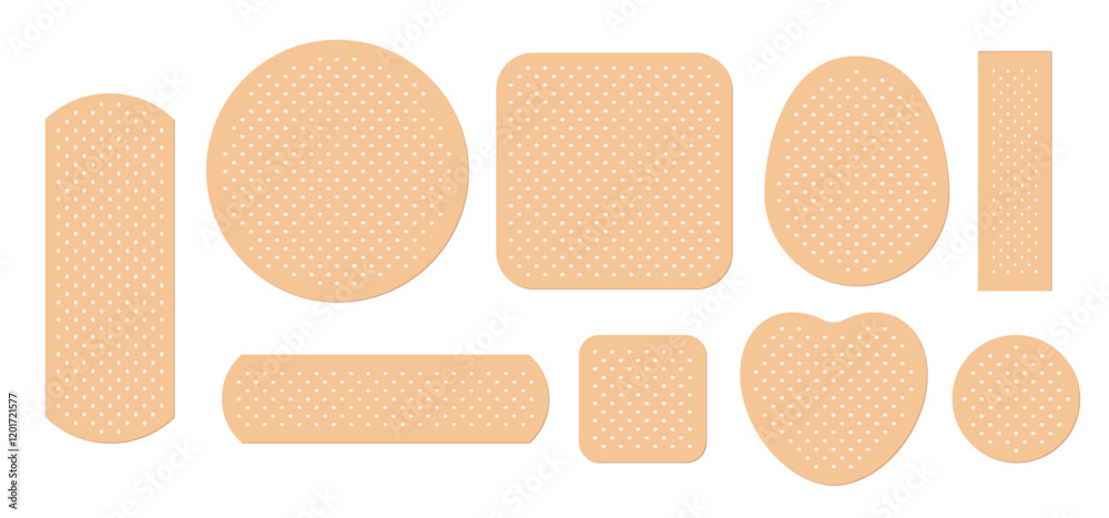 Medical adhesive bandages set vector illustration. Realistic 3d beige sticky plaster patches for first aid of tape, circle and square shapes, pharmaceutical medicare product.