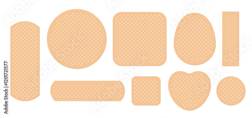 Medical adhesive bandages set vector illustration. Realistic 3d beige sticky plaster patches for first aid of tape, circle and square shapes, pharmaceutical medicare product.