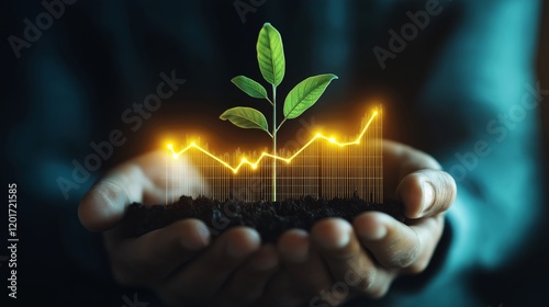 Hands holding soil with a glowing green plant and rising chart, symbolizing growth, sustainability, and financial success.