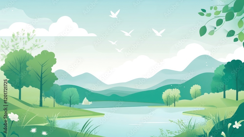 Serene landscape with lake, mountains, and trees. Serene landscape with lake, mountains, and trees.
