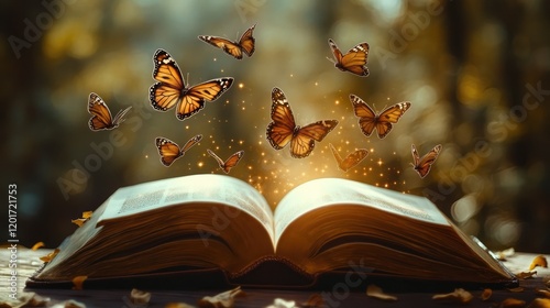 An open book with glowing pages sits on a wooden surface,