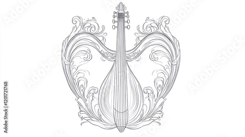 Ornate viola da gamba framed by swirling filigree. photo