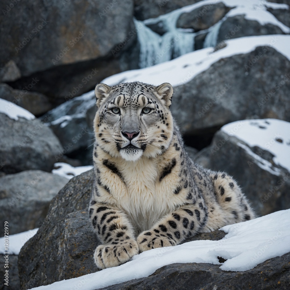 A snow leopard resting peacefully on a rock ledge overlooking a frozen gorge. A snow leopard resting peacefully on a rock ledge overlooking a frozen gorge.