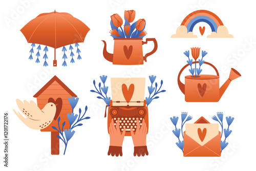 Springtime. Set of isolated cliparts with birdhouse, whire bird, umbrella, teapot, typewriter, rainbow, envelope with love letter, watering can, rainbow. Spring plants and flowers, bouquet of tulips.
