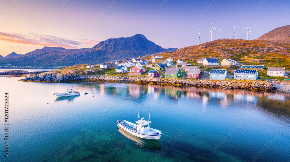 Fototapeta premium Coastal village at sunset, colorful houses, wind turbines, calm waters, fishing boats