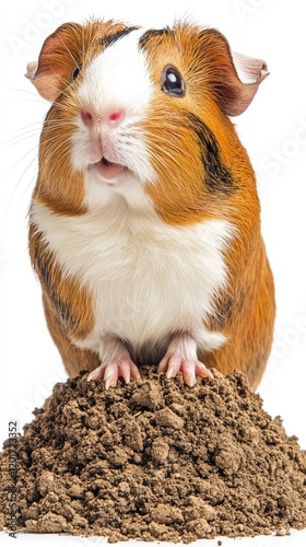 Curious Guinea Pig Standing on a Soil Pile with an Inquisitive Expression photo