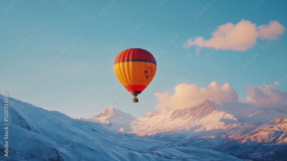 A breathtaking view of a vibrant hot air balloon soaring above majestic snow-covered mountains. Experience the beauty of flight and nature. Generative AI A breathtaking view of a vibrant hot air balloon soaring above majestic snow-covered mountains. Experience the beauty of flight and nature. Generative AI