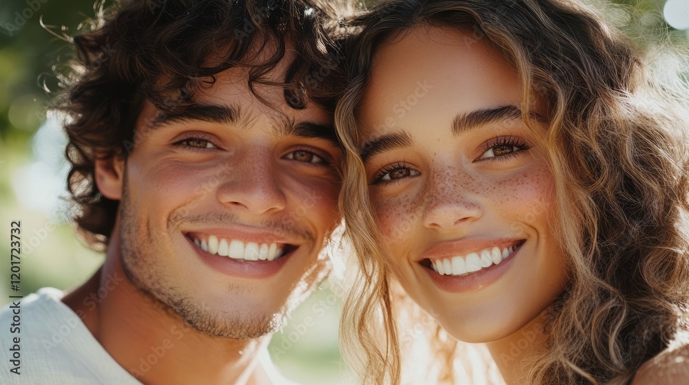 Cheerful couple, smiling and happy, together in nature on a sunny day Cheerful couple, smiling and happy, together in nature on a sunny day
