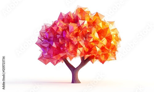 Abstract low-poly tree with orange and pink leaves.