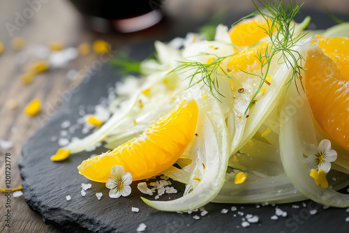 A refreshing fennel and orange salad adorned with pastel edible flowers, captured in a close-up with soft side lighting. The translucent fennel and zesty oranges pop, highlighted by olive oil