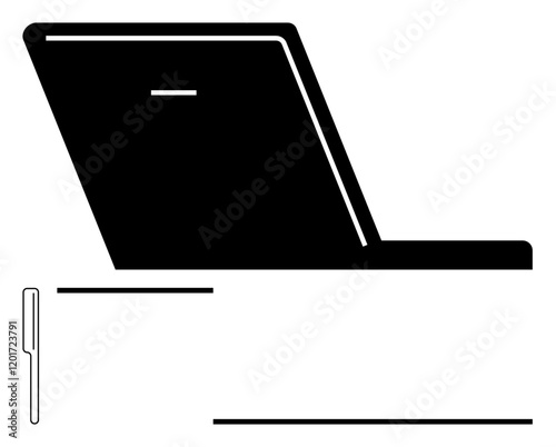 Open laptop silhouette, pen, and horizontal lines represent technology, writing, or design projects. Ideal for remote work, education, minimalism, tech productivity creativity abstract line flat