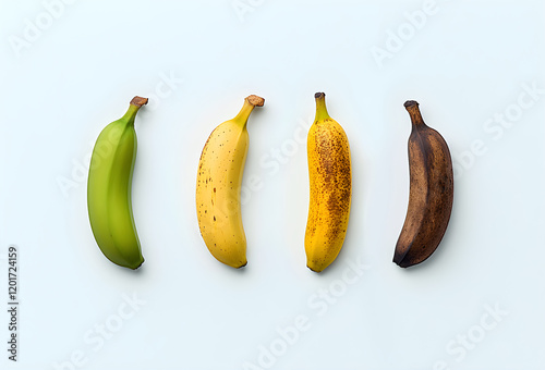 Four bananas showing different ripening stages on white background
