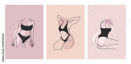 Beautiful minimal linear set of female silhouettes in lingerie. Simple women figure in underwear. Abstract sensual concept. Outline design for print, poster, card, banner, cover, social media template