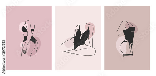 Beautiful minimal linear set of female silhouettes in lingerie. Simple women figure in underwear. Abstract sensual concept. Outline design for print, poster, card, banner, cover, social media template