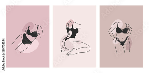 Beautiful minimal linear set of female silhouettes in lingerie. Simple women figure in underwear. Abstract sensual concept. Outline design for print, poster, card, banner, cover, social media template