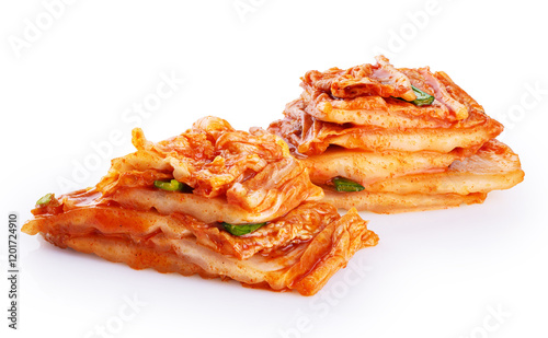 Korean traditional cabbage kimchi isolated on white background. Hot fermented napa cabbage. With clipping path.