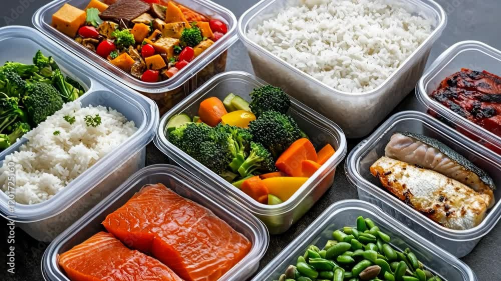 Organizing healthy meals for the week with rice, fresh vegetables, and various proteins in convenient containers Organizing healthy meals for the week with rice, fresh vegetables, and various proteins in convenient containers