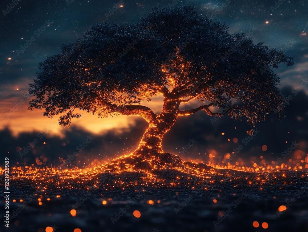 Fototapeta premium Fiery tree at sunset, glowing embers, dark sky.
