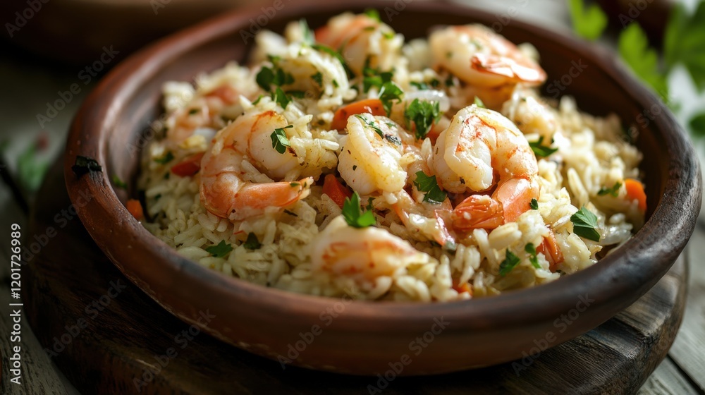 Detailed image of a rice dish with shrimp and garlic on a rustic clay plate, emphasizing savory and aromatic flavors. Ideal for seafood lovers and recipe enthusiasts.